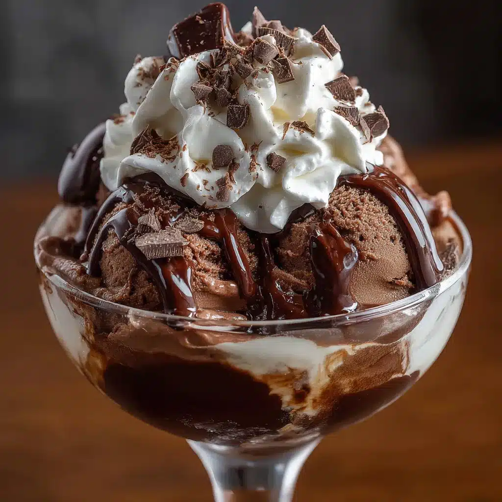 Sundae de helado de chocolate casero con ganache y crema batida servido en copa elegante