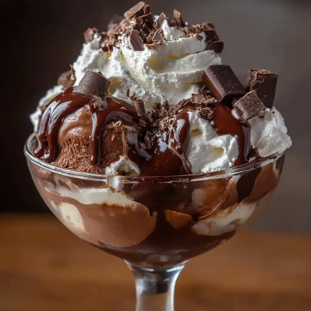 Sundae de helado de chocolate casero con ganache y crema batida servido en copa elegante