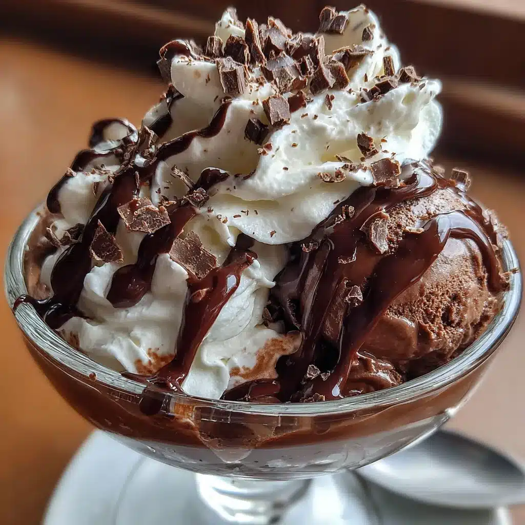 Sundae de helado de chocolate casero con ganache y crema batida servido en copa elegante