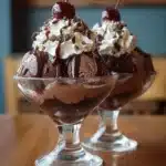 Sundae de helado de chocolate casero con ganache y crema batida servido en copa elegante