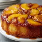 Tarta volteada de duraznos caramelizados sobre un plato blanco con caramelo brillante y rodajas de durazno doradas