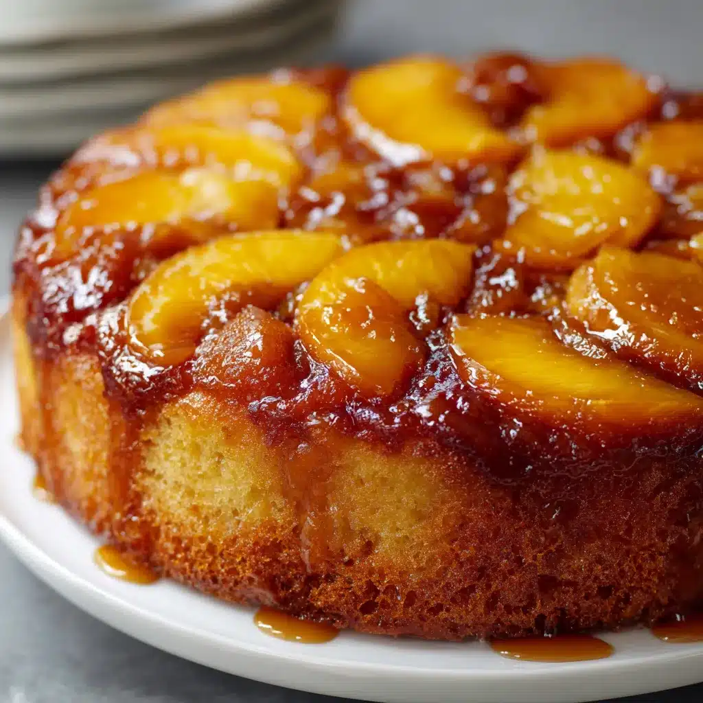Tarta volteada de duraznos caramelizados sobre un plato blanco con caramelo brillante y rodajas de durazno doradas