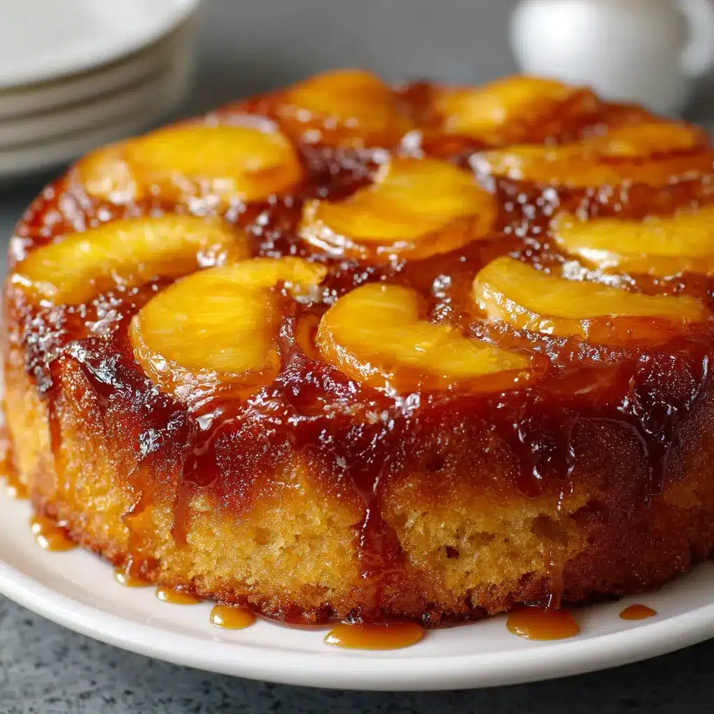 Tarta volteada de duraznos caramelizados sobre un plato blanco con caramelo brillante y rodajas de durazno doradas