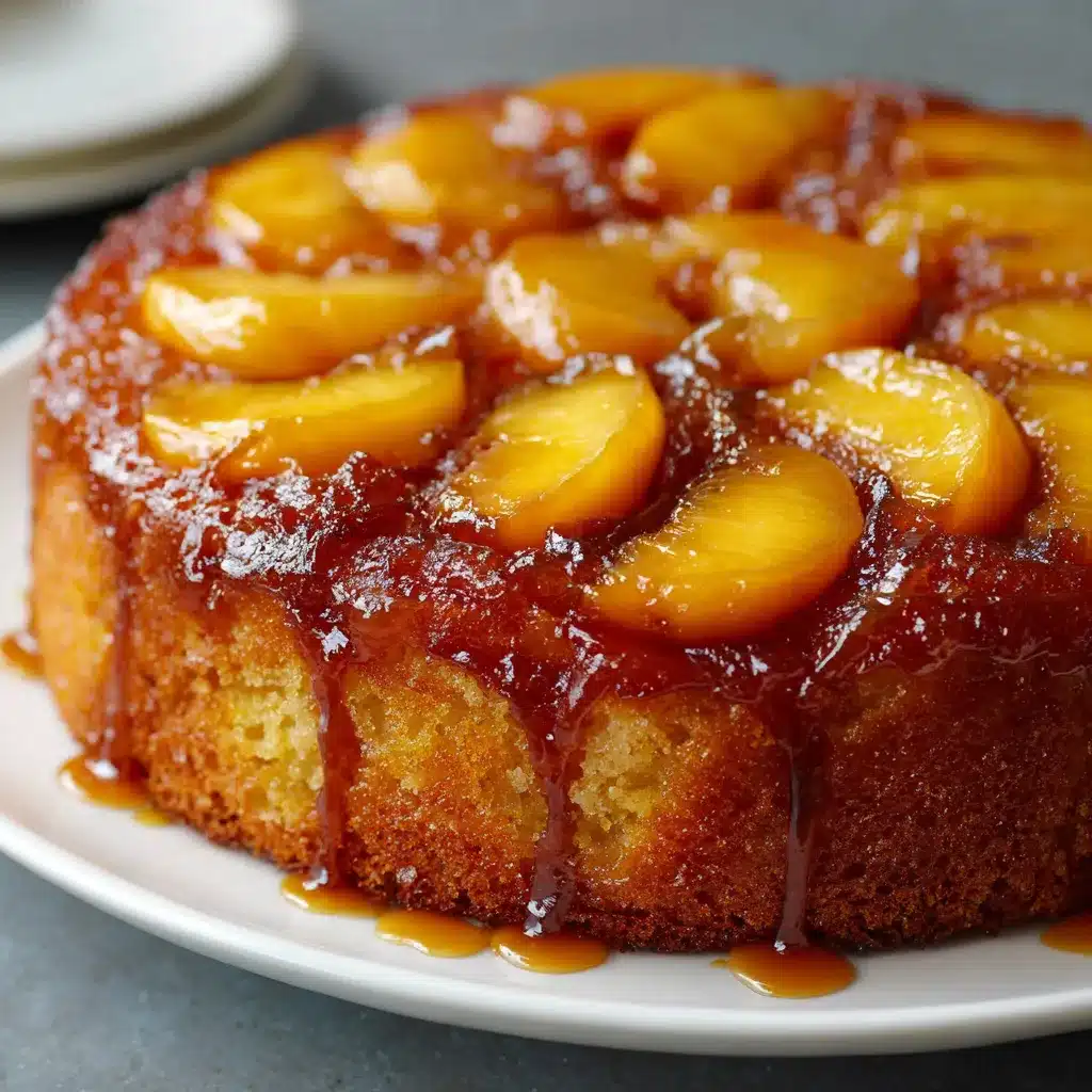 Tarta volteada de duraznos caramelizados sobre un plato blanco con caramelo brillante y rodajas de durazno doradas