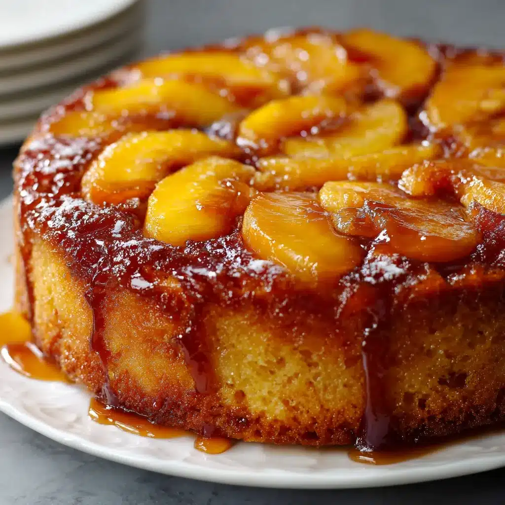Tarta volteada de duraznos caramelizados sobre un plato blanco con caramelo brillante y rodajas de durazno doradas