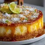 Tarta de crema de limón y coco casera decorada con coco rallado y mermelada