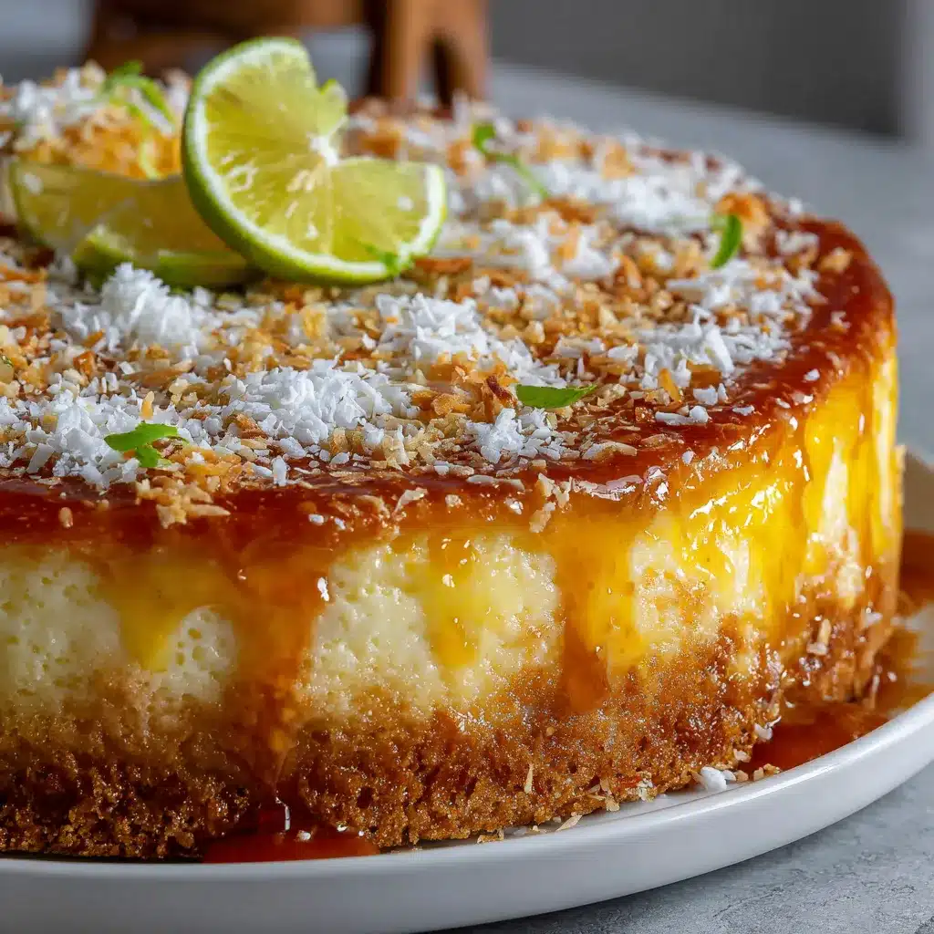 Tarta de crema de limón y coco casera decorada con coco rallado y mermelada