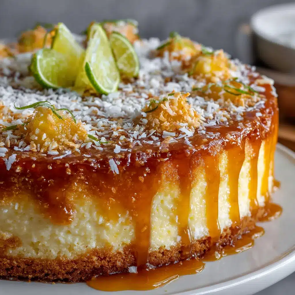 Tarta de crema de limón y coco casera decorada con coco rallado y mermelada