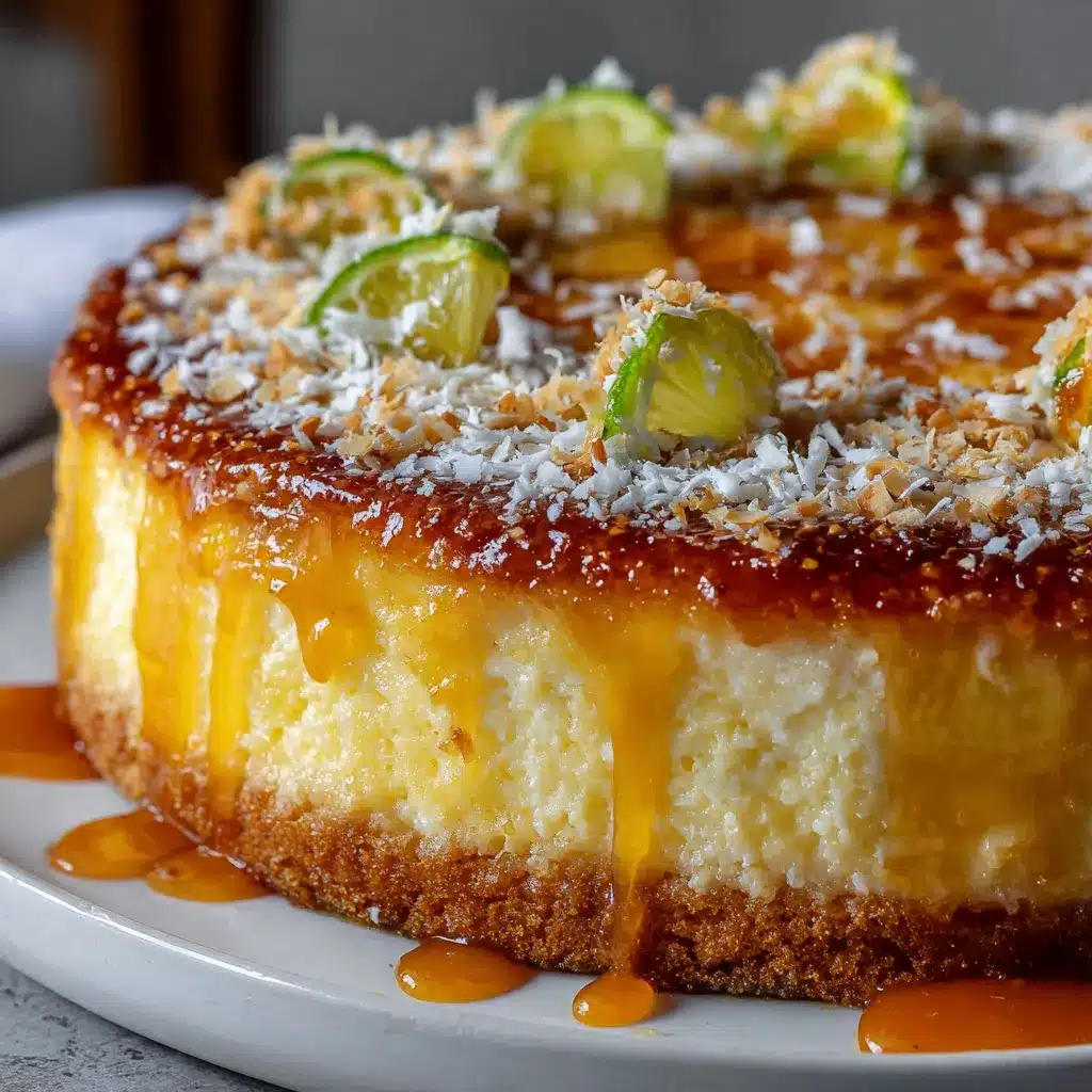 Tarta de crema de limón y coco casera decorada con coco rallado y mermelada