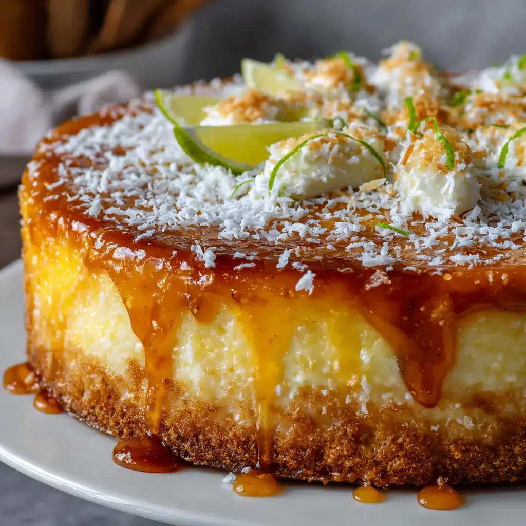 Tarta de crema de limón y coco casera decorada con coco rallado y mermelada