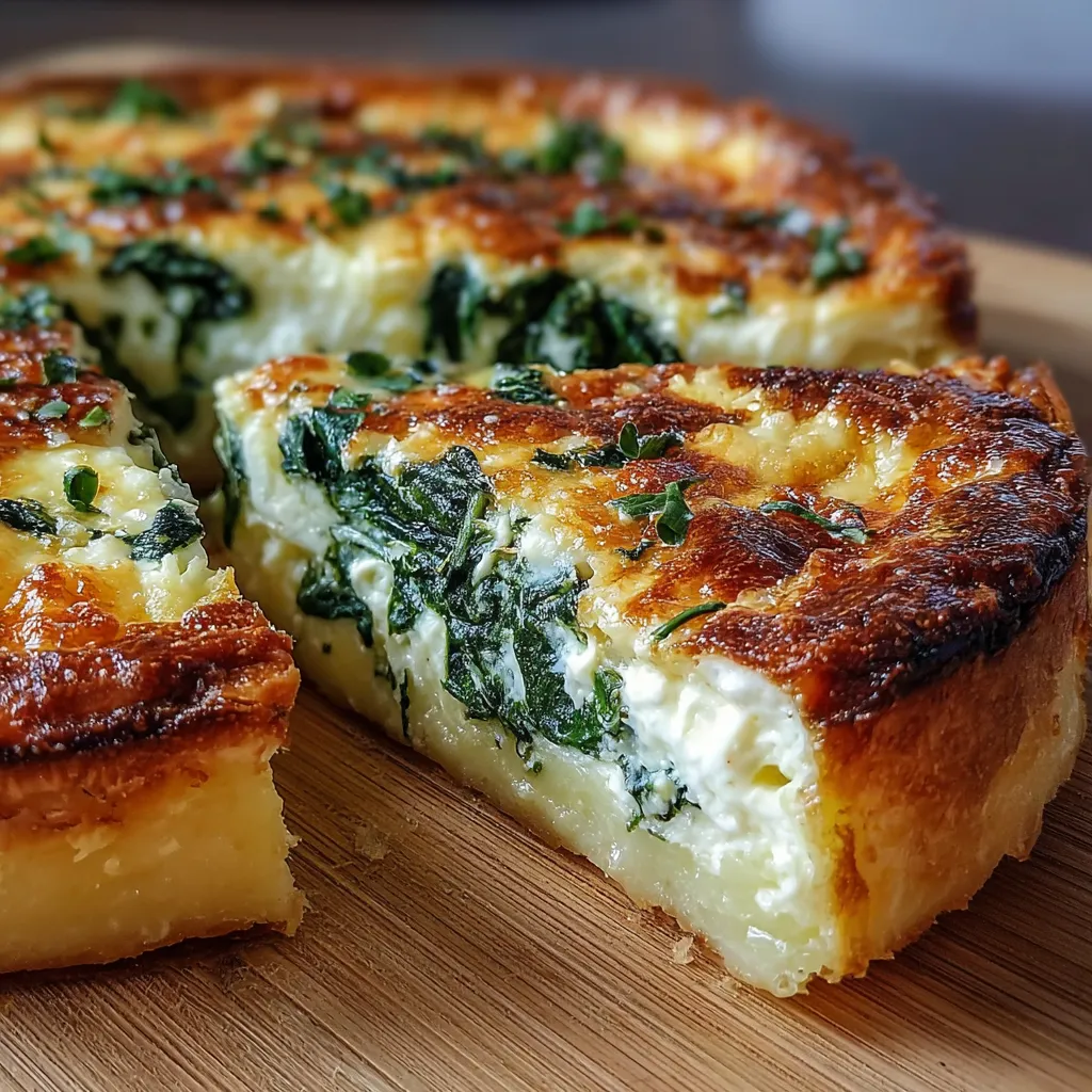Tarta de espinaca y queso con masa de papa recién horneada y lista para servir