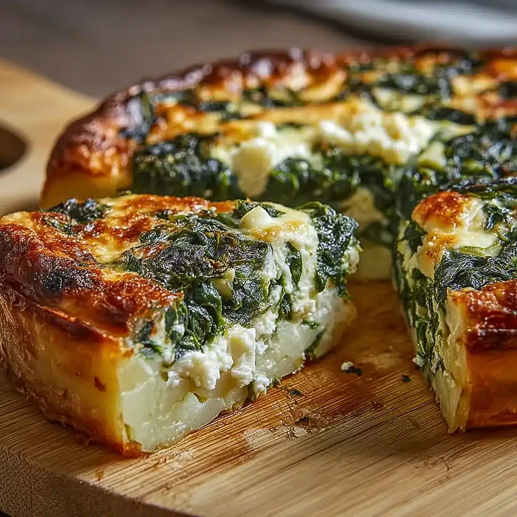 Tarta de espinaca y queso con masa de papa recién horneada y lista para servir
