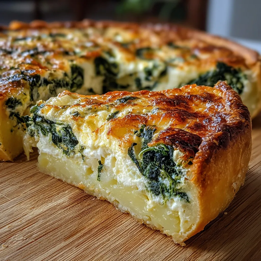 Tarta de espinaca y queso con masa de papa recién horneada y lista para servir