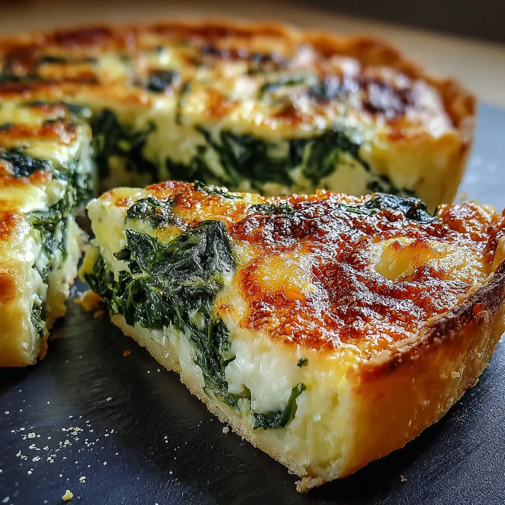 Tarta de espinaca y queso con masa de papa recién horneada y lista para servir