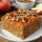 Torta de avena y zanahorias recién horneada decorada con nueces