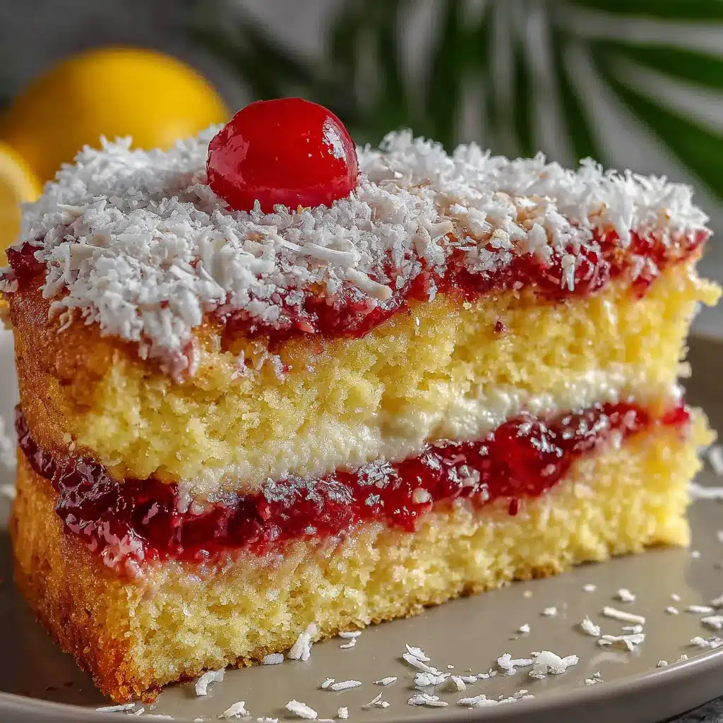Torta de limón con mermelada de fresa y coco decorada y lista para servir