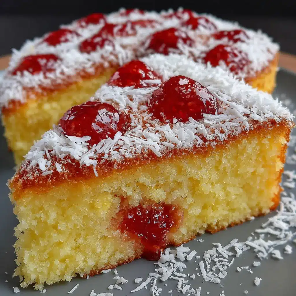 Torta de limón con mermelada de fresa y coco decorada y lista para servir