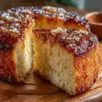 Torta de pan casera con textura cremosa y caramelo brillante en un plato blanco