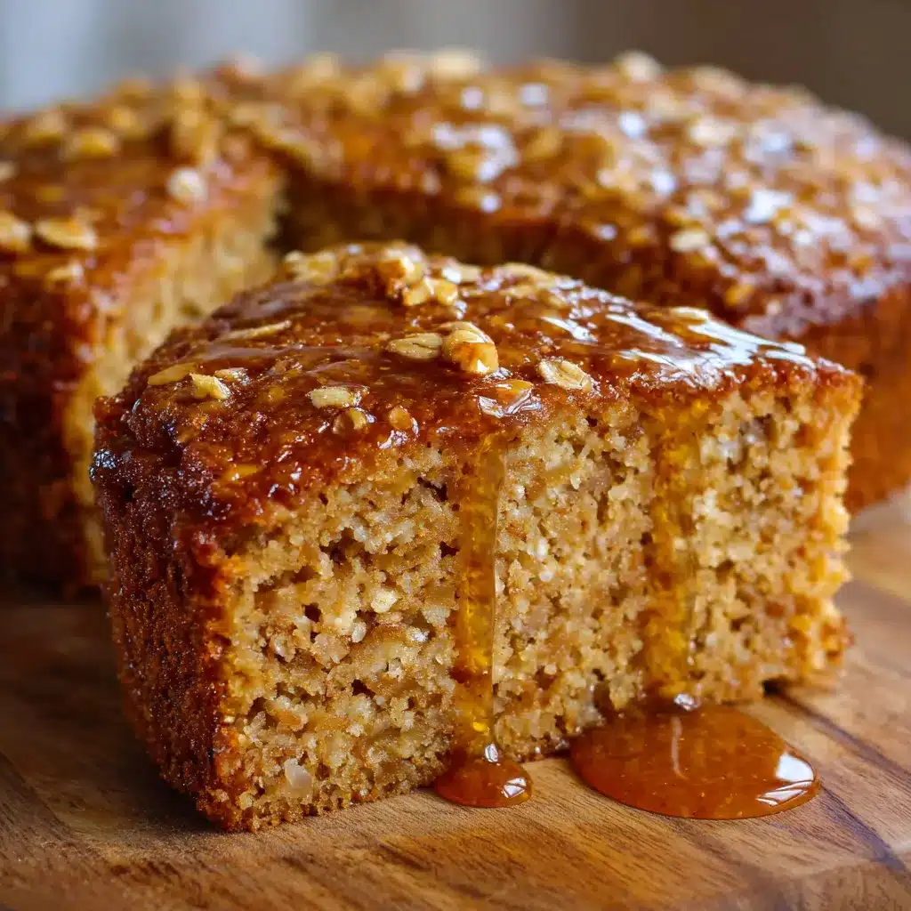 Torta húmeda de manzana y avena recién horneada en un molde redondo sobre una mesa de madera