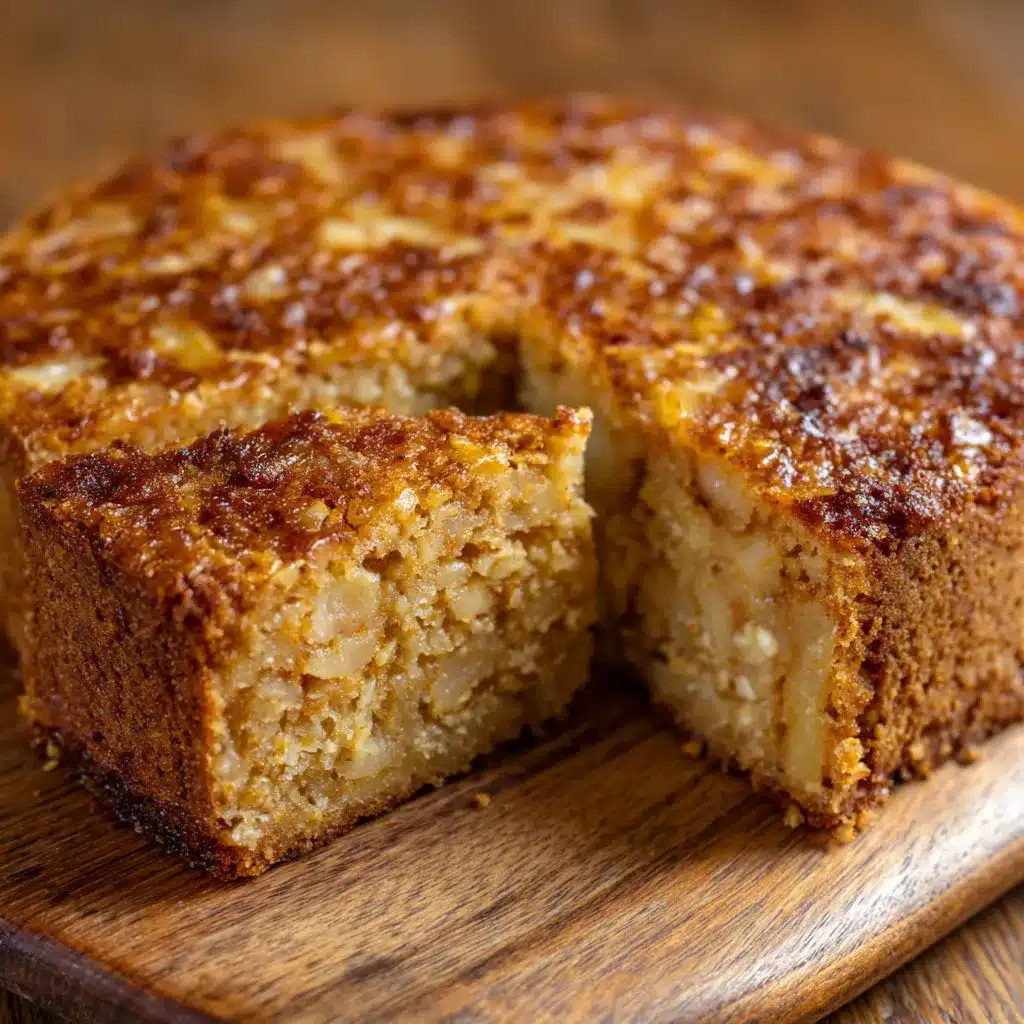 Torta húmeda de manzana y avena recién horneada en un molde redondo sobre una mesa de madera