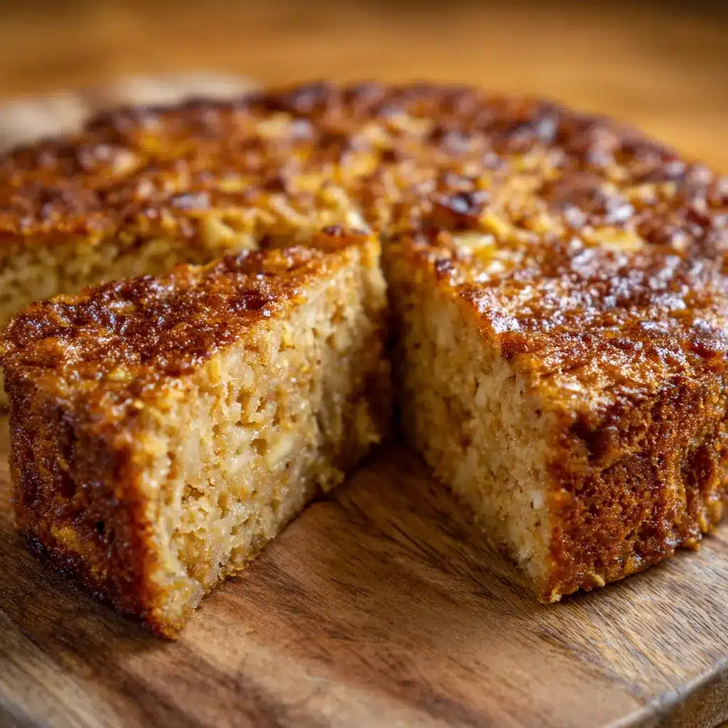 Torta húmeda de manzana y avena recién horneada en un molde redondo sobre una mesa de madera