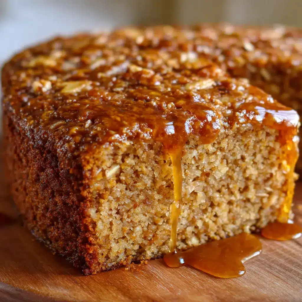 Torta húmeda de manzana y avena recién horneada sobre una mesa rústica