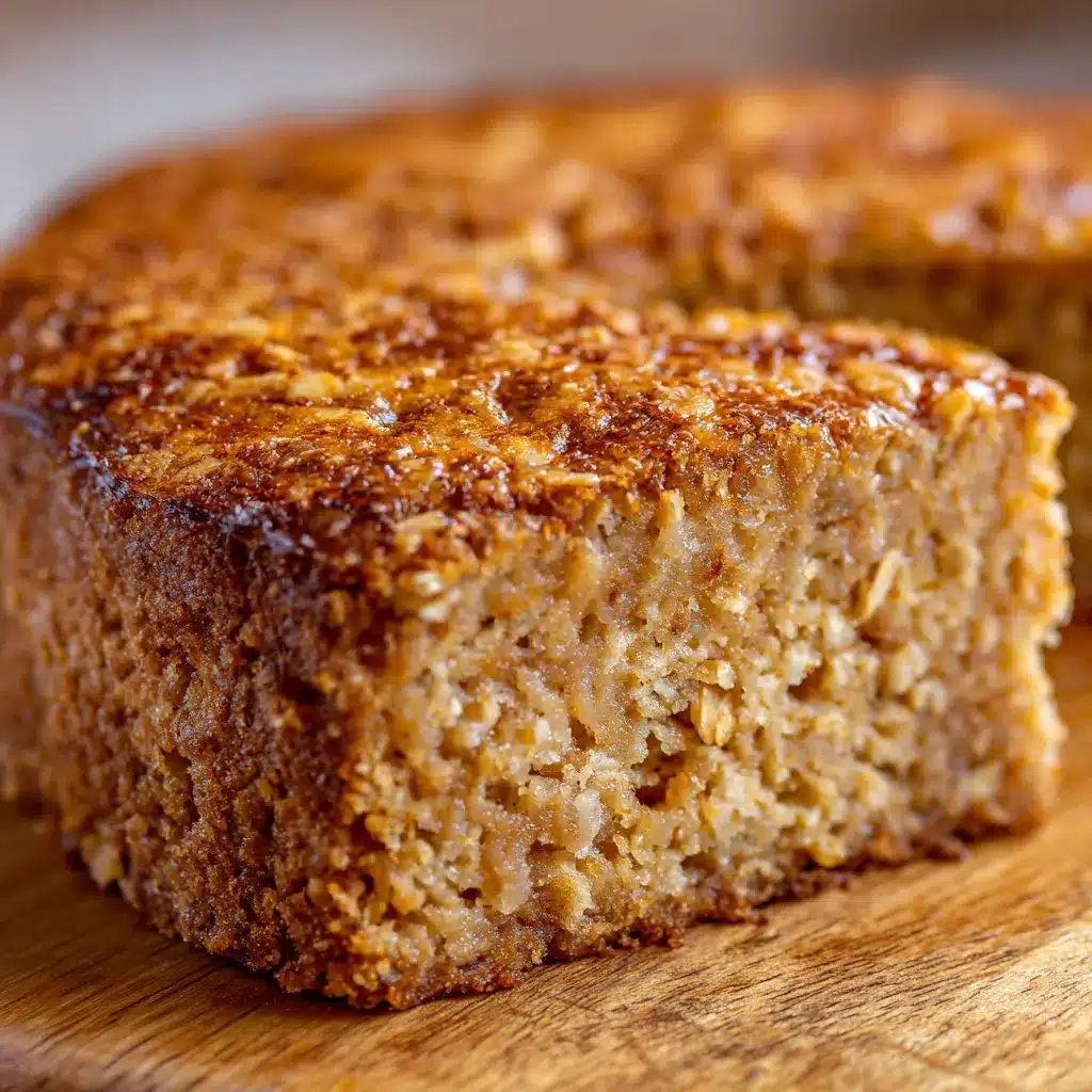 Torta húmeda de manzana y avena recién horneada en un molde redondo sobre una mesa de madera
