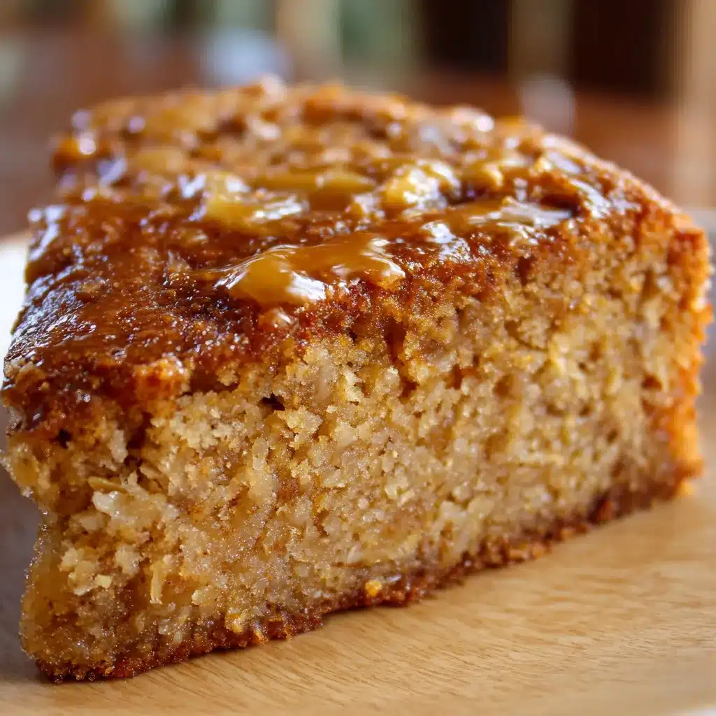 Torta húmeda de manzana y avena recién horneada sobre una mesa rústica