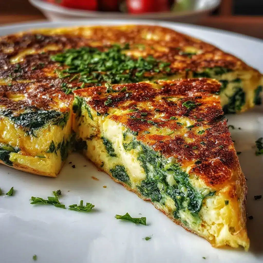 Tortilla de espinacas y queso recién hecha en sartén