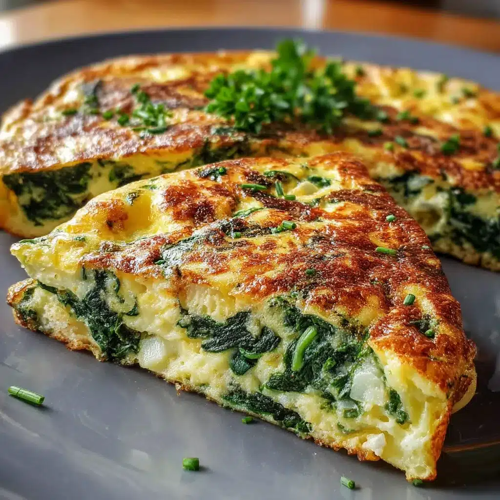 Tortilla de espinacas y queso recién hecha en sartén