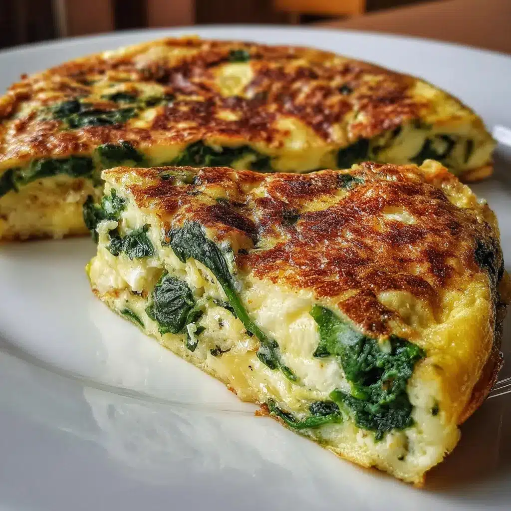 Tortilla de espinacas y queso recién hecha en sartén