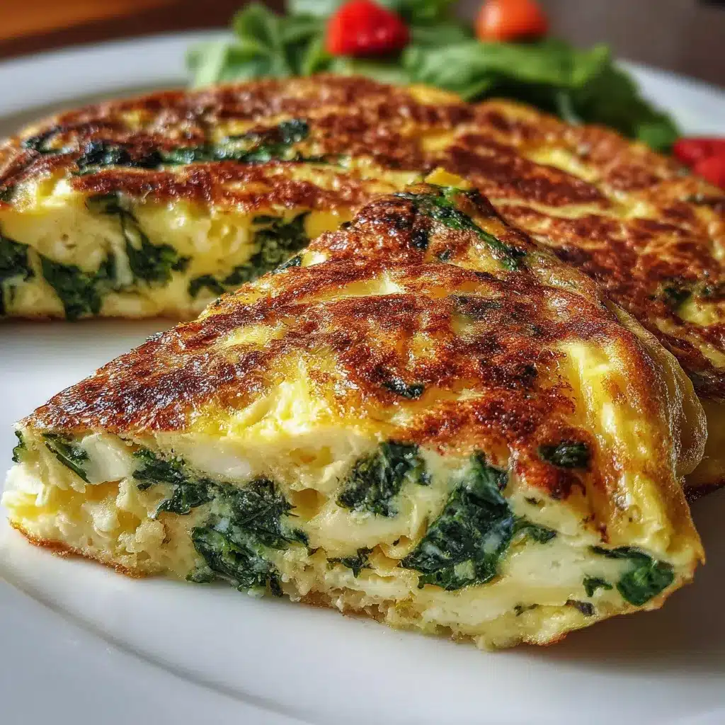 Tortilla de espinacas y queso recién hecha en sartén