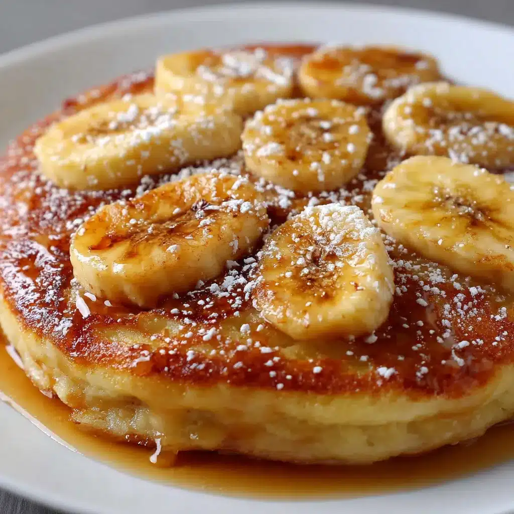Tortita de plátano en sartén dorada y esponjosa servida con miel y frutas frescas