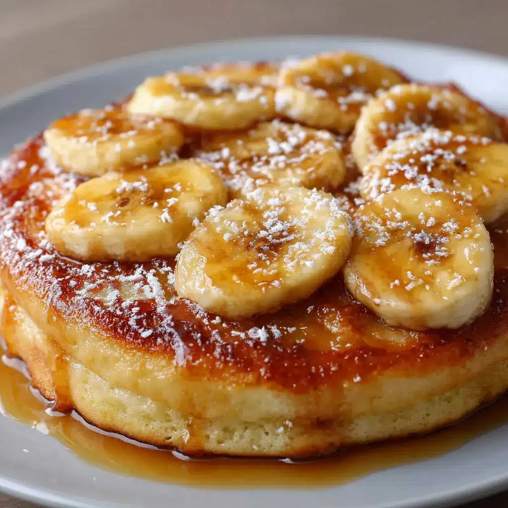 Tortita de plátano en sartén dorada y esponjosa servida con miel y frutas frescas