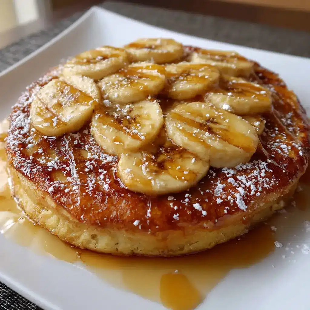 Tortita de plátano en sartén dorada y esponjosa servida con miel y frutas frescas