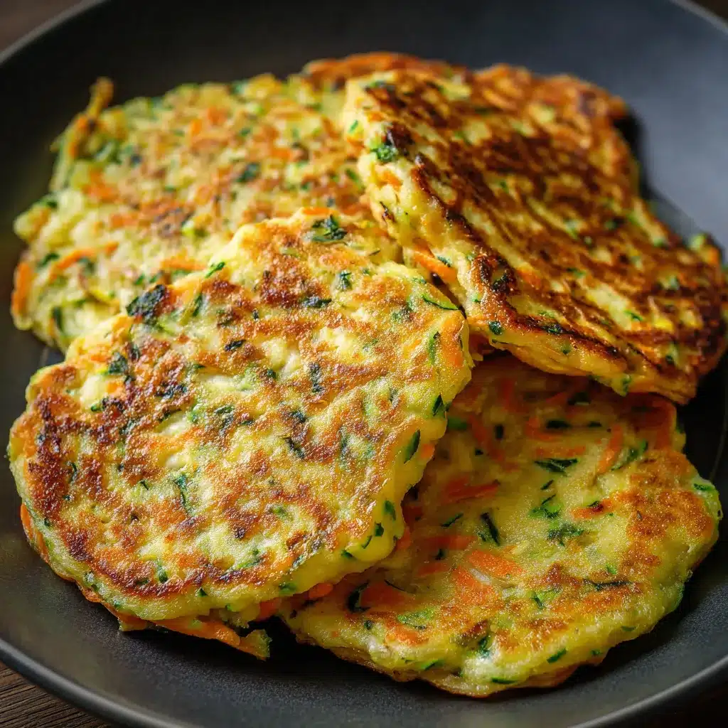 Tortitas saladas de verduras doradas y esponjosas en un plato blanco