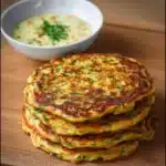 Tortitas saladas de verduras doradas y esponjosas en un plato blanco