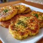 Tortitas de coliflor con queso doradas en sartén servidas en plato blanco