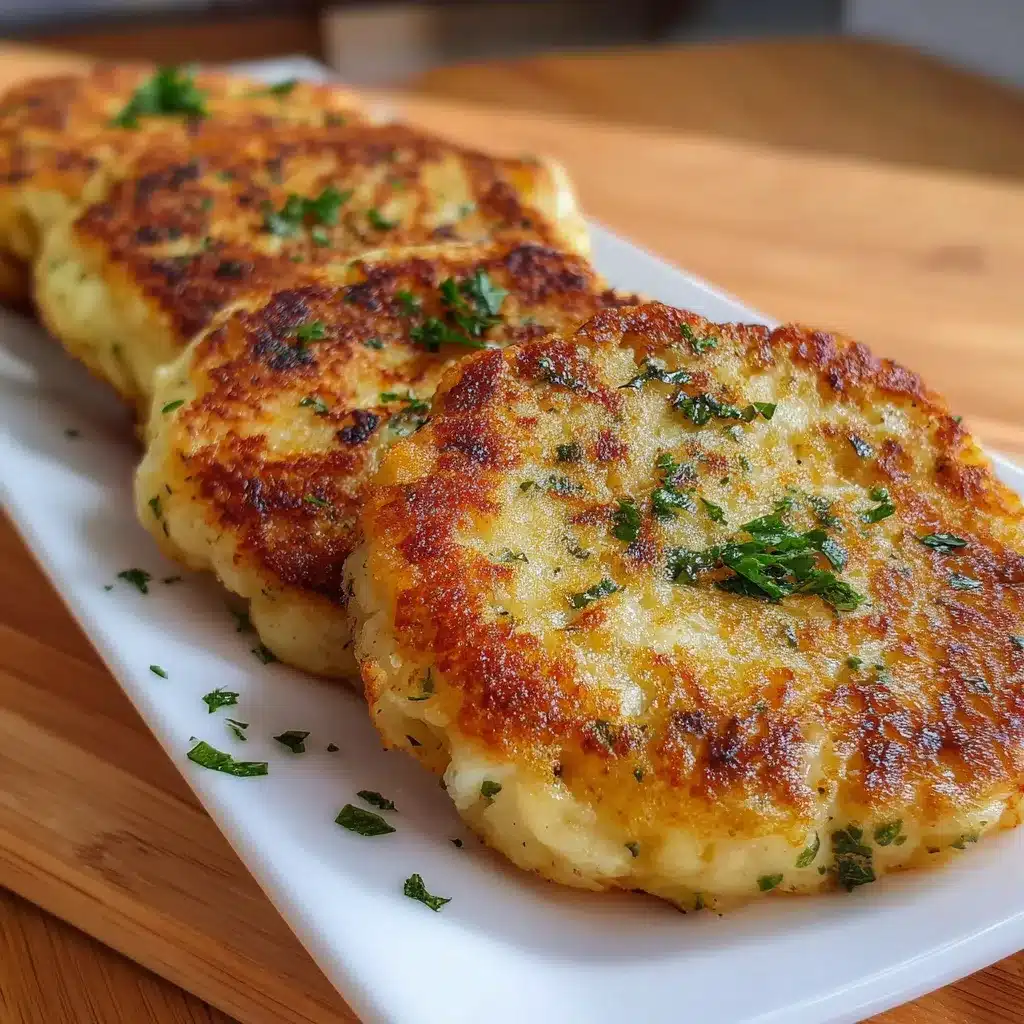 Tortitas de coliflor con queso doradas en sartén servidas en plato blanco