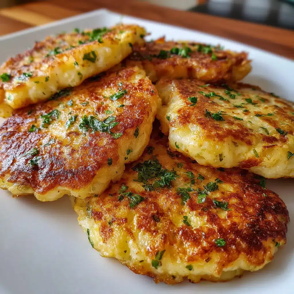 Tortitas de coliflor con queso doradas en sartén servidas en plato blanco