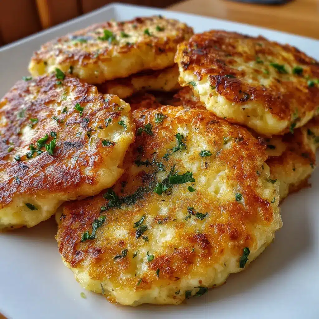 Tortitas de coliflor con queso doradas en sartén servidas en plato blanco