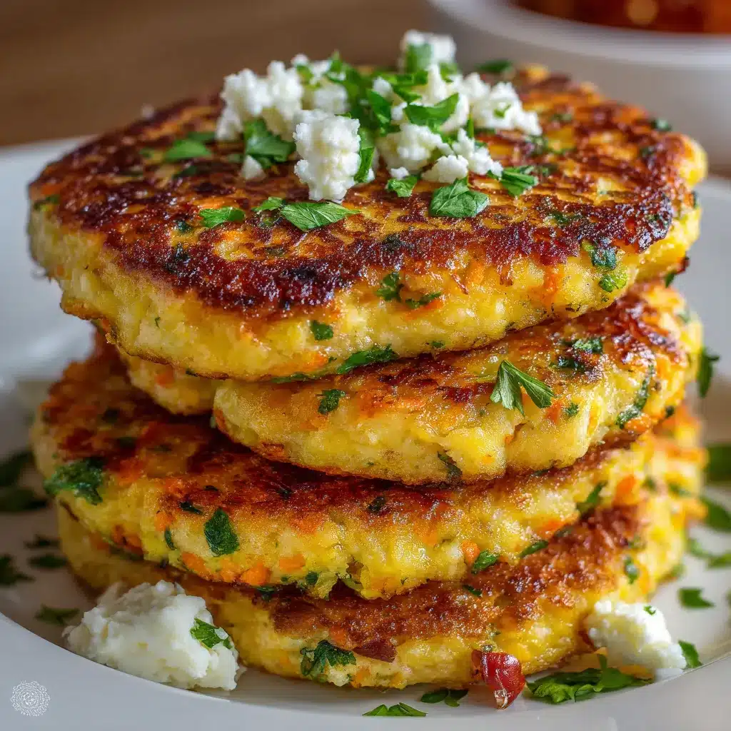 Tortitas de zanahoria con queso doradas y crujientes servidas en un plato blanco