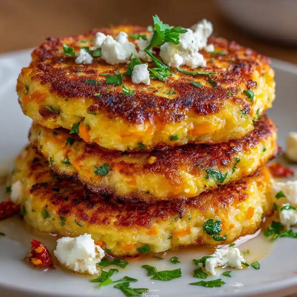 Tortitas de zanahoria con queso doradas y crujientes servidas en un plato blanco