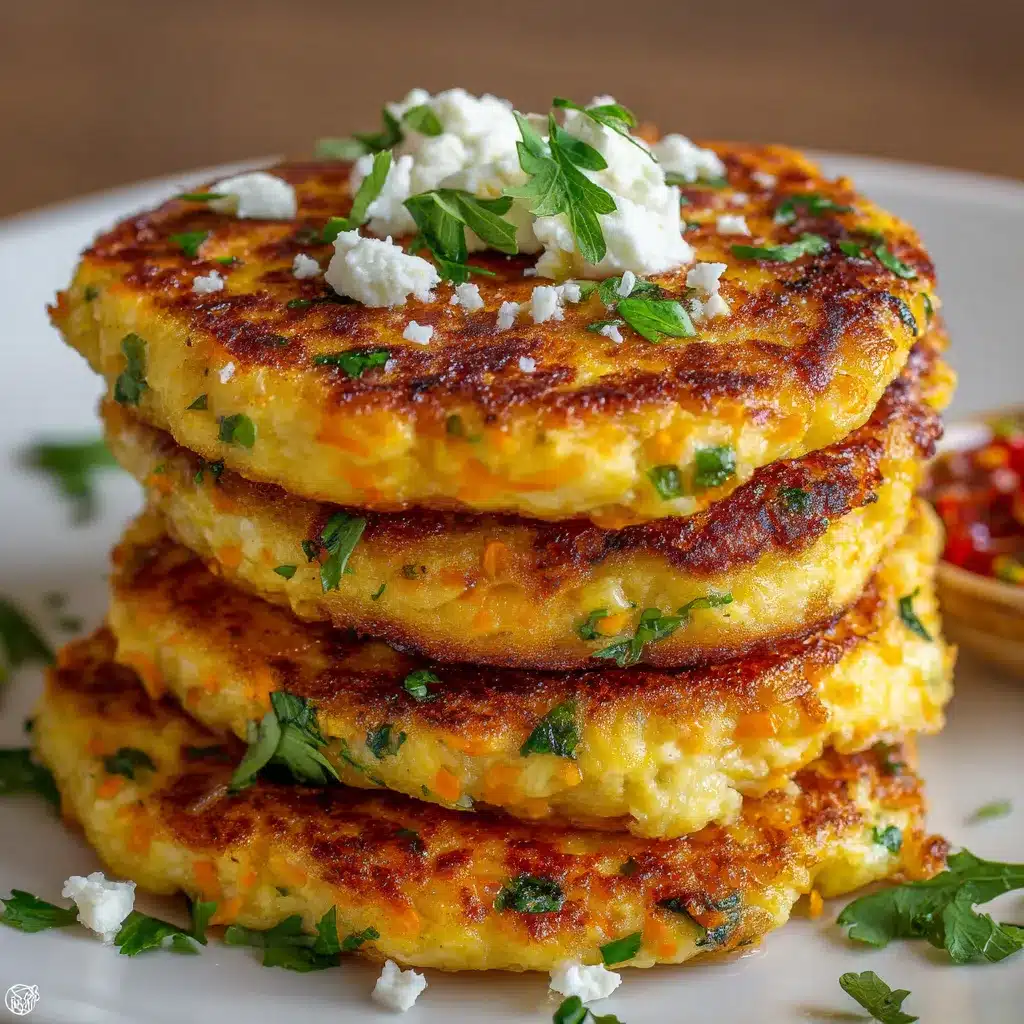 Tortitas de zanahoria con queso doradas y crujientes servidas en un plato blanco