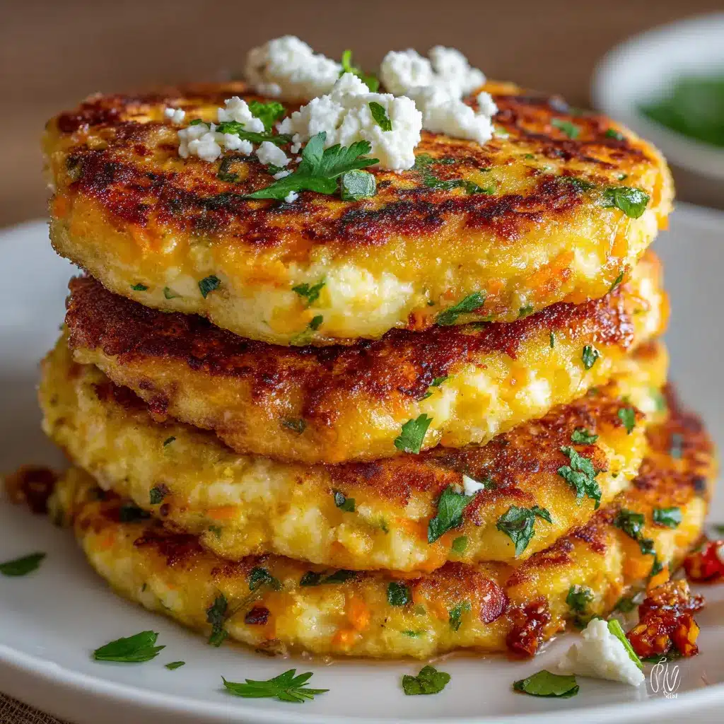Tortitas de zanahoria con queso doradas y crujientes servidas en un plato blanco