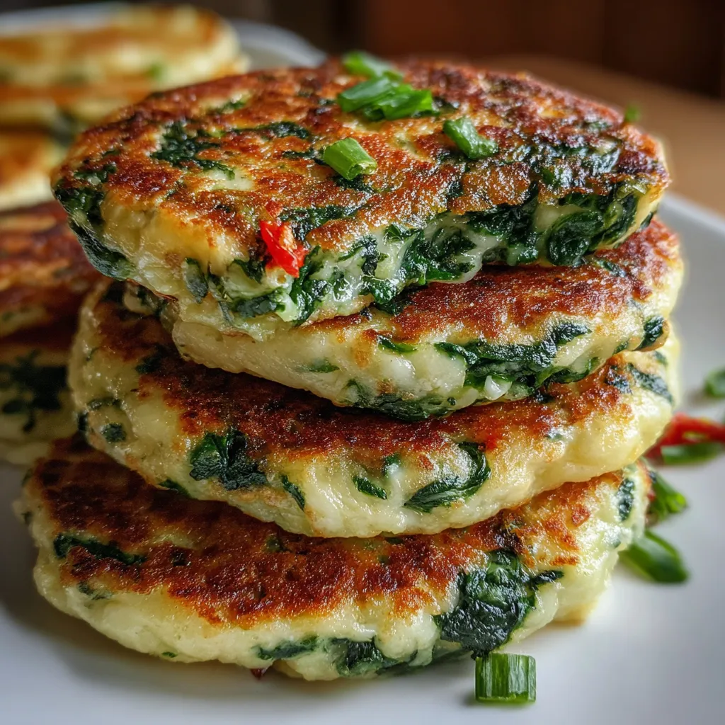 Tortitas de espinacas con queso recién cocinadas en sartén, doradas y crujientes por fuera.