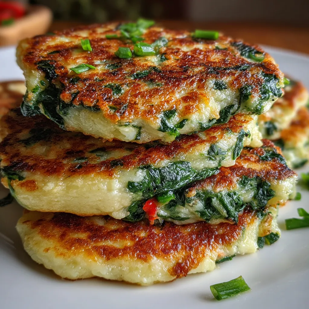 Tortitas de espinacas con queso recién cocinadas en sartén, doradas y crujientes por fuera.