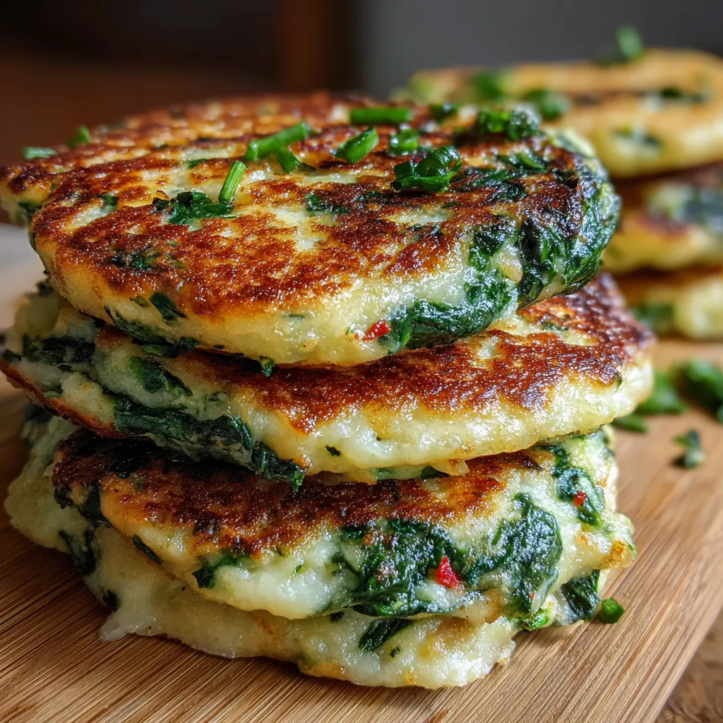 Tortitas de espinacas con queso recién cocinadas en sartén, doradas y crujientes por fuera.