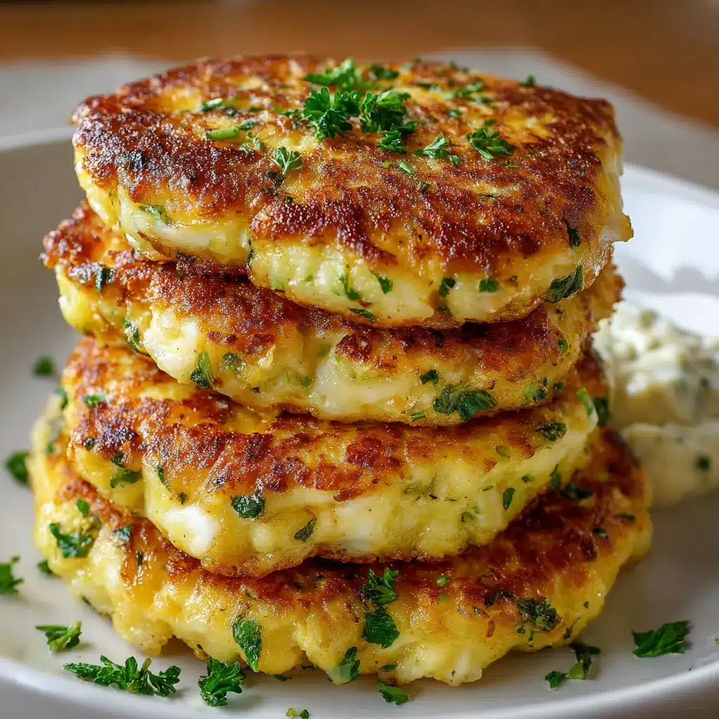 Tortitas de coliflor con queso doradas servidas en plato blanco con ensalada fresca
