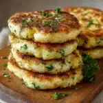 Tortitas de coliflor con queso doradas servidas en plato blanco con ensalada fresca
